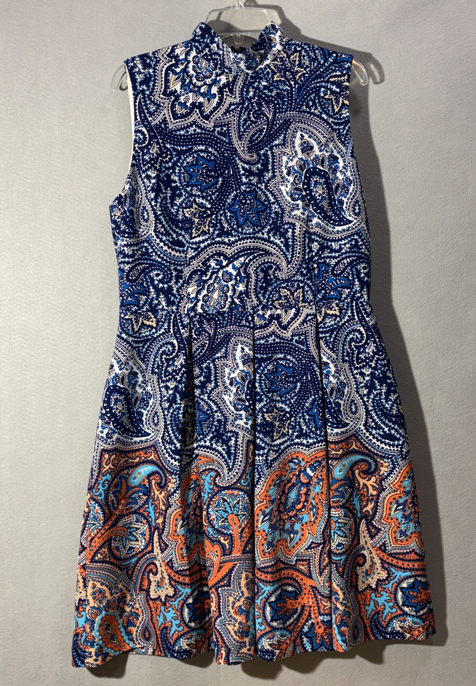 Antonio Melani‎ Womens 14 Paisley High Neck Dress Blue Orange Border Mock A Line